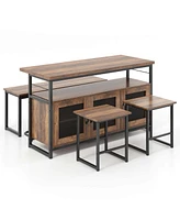 4 Pcs Kitchen Island Set with Bench and Storage Heavy-duty Metal Frame Shelves