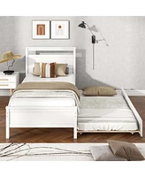Twin Platform Bed with Trundle Pull-out Headboard & Footboard