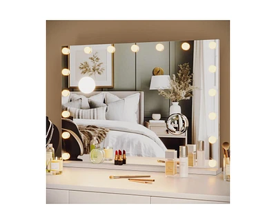 Garmin Vanity Mirror with Lights, 32"x 24" Premier Vanity Mirror with 17 Led Bulbs, Lighted Makeup Mirror with Magnification, 3 Colors Modes Mirror fo