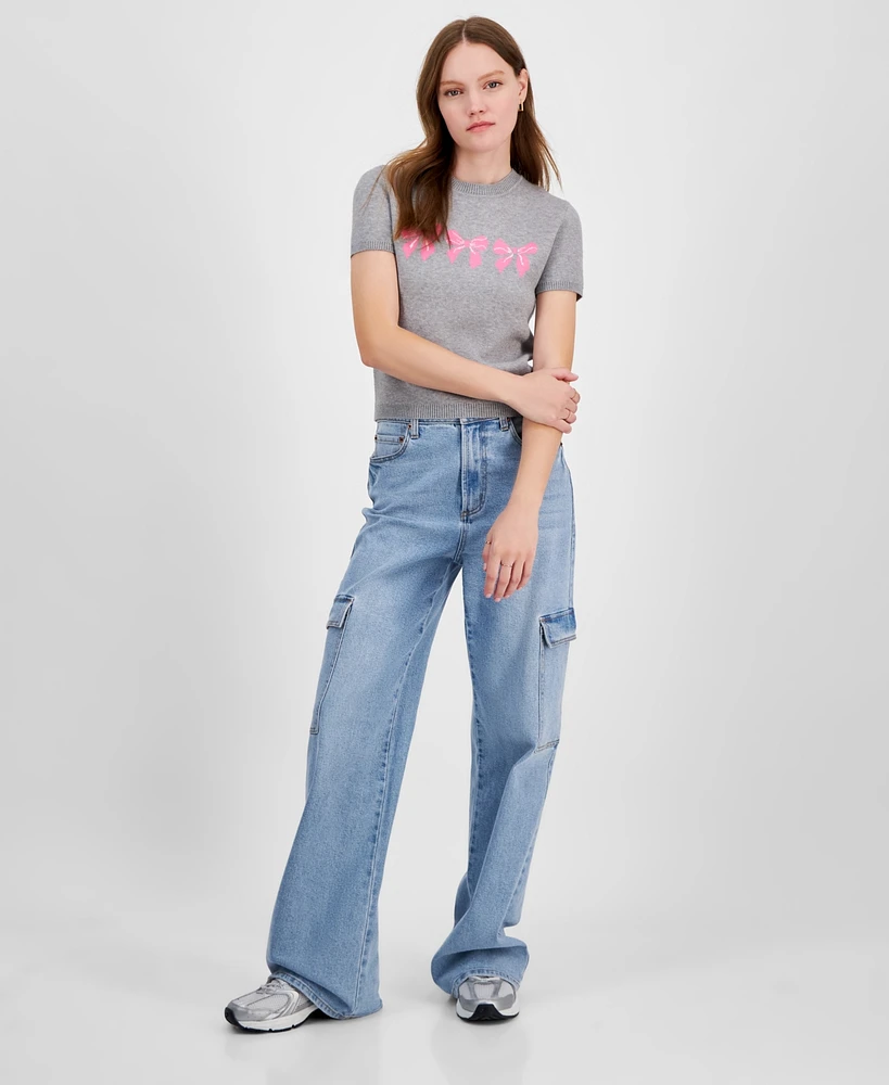 Madden Girl Juniors' Bow Graphic Short-Sleeve Sweater