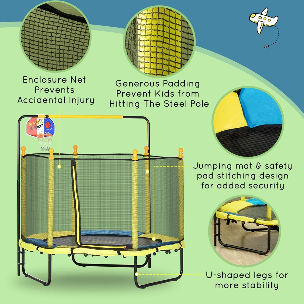 4.6' Kids Trampoline with Basketball Hoop, Horizontal Bar, 55" Indoor Trampoline with Net, Small Springfree Trampoline Gifts for Kids Toys, Ages