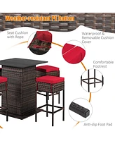 5 Pieces Patio Rattan Bar Furniture Set with Cushions and Hidden Storage Shelf