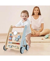 Costway Wooden Baby Walker Push & Pull Walker with Multi-Activity Center