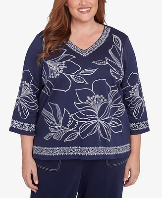 Alfred Dunner Plus Size Block Island Dynamic Floral Embroidered V-Neck Top