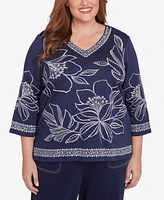 Alfred Dunner Plus Size Block Island Dynamic Floral Embroidered V-Neck Top