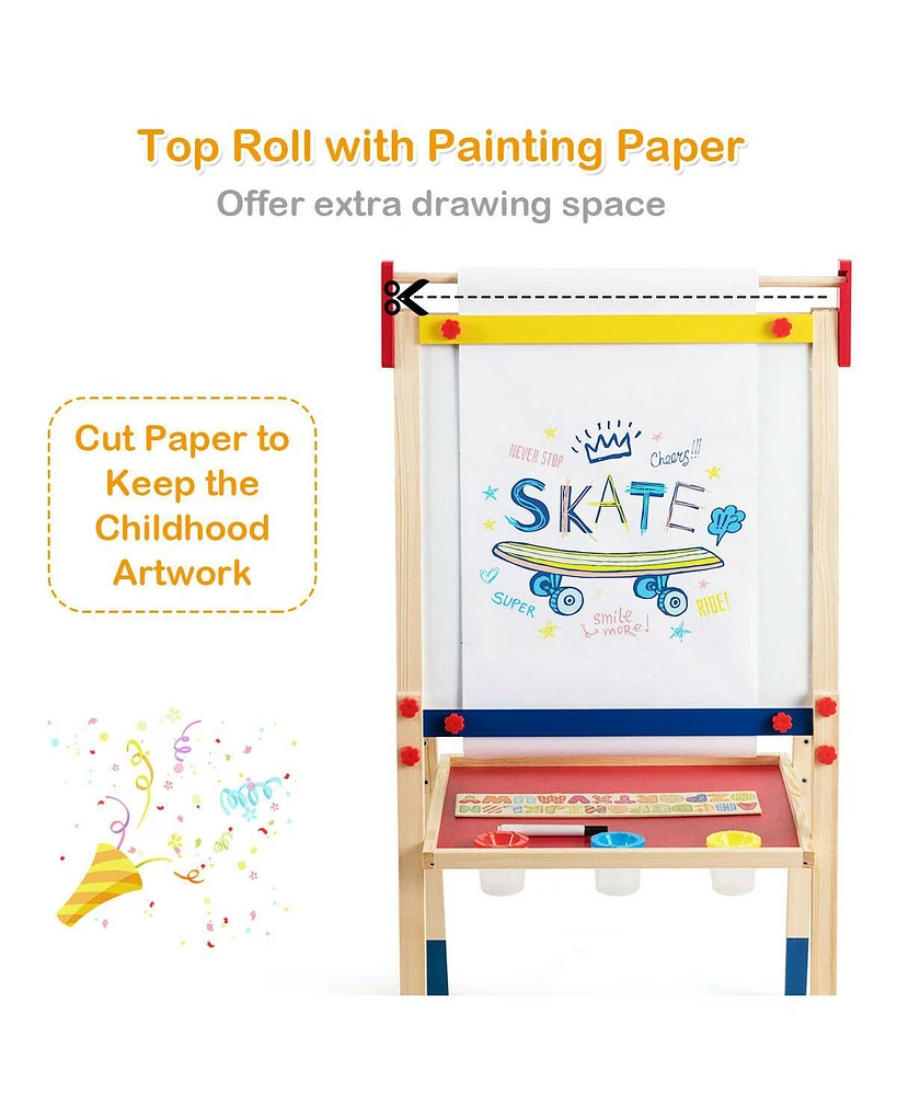 Gouun All-in-One Wooden Height Adjustable Kid's Art Easel with Magnetic Stickers and Paper