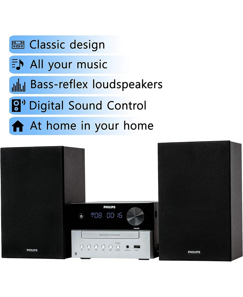 Philips Stereo Shelf System Cd Player with Bluetooth, Usb & Aux Input, Rich Sound & Bass, Fm Radio, Lcd Display, Remote Control, Sleek Design