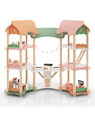 Hongge 3-Tier Wooden Dollhouse for Kids Aged 3-8 with 32 Pieces of Accessories