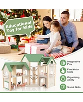 Hongge Wooden Corner Dollhouse Playset with 6 Rooms and 36 Pieces for Kids 3+ Years Old