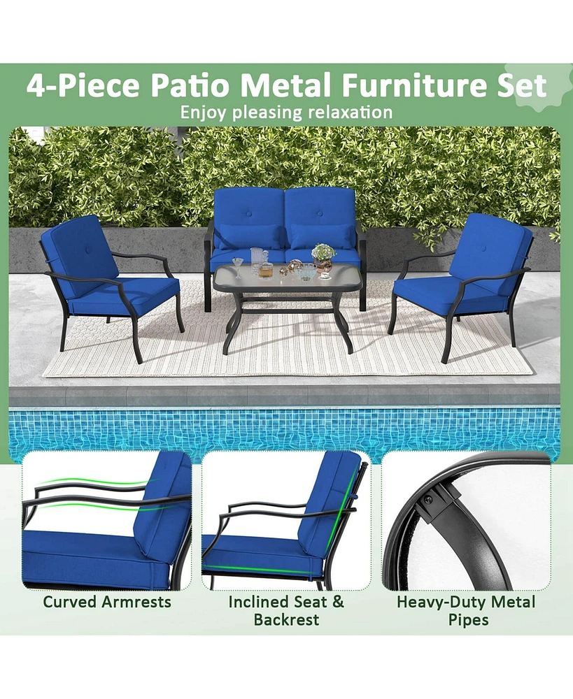Costway 4 Pcs Patio Furniture Set Outdoor Conversation Sofa Tempered Glass Coffee Table