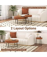 Farmhouse Round CoffeeTable Set of 2 End Table Natural Finish for Living Room