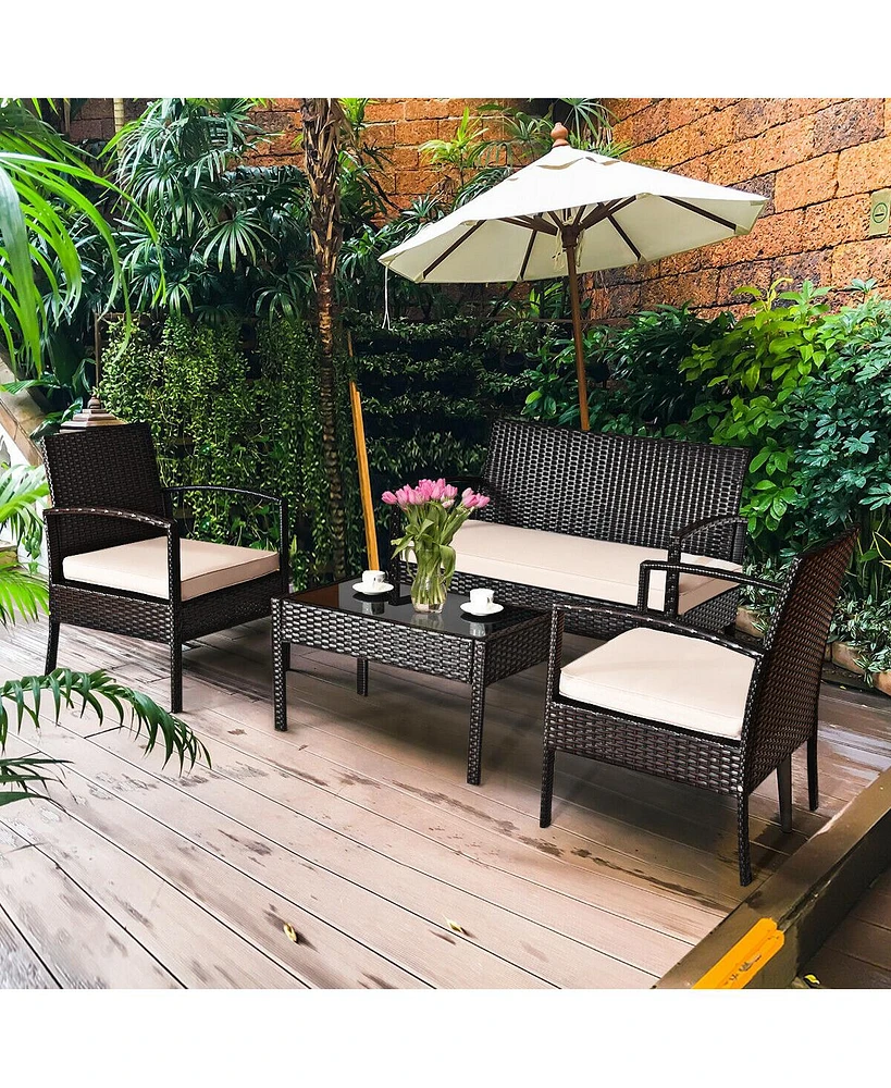 Sugift 4 Pieces Patio Ratten Conversation Set with Loveseat Sofas and Coffee Table