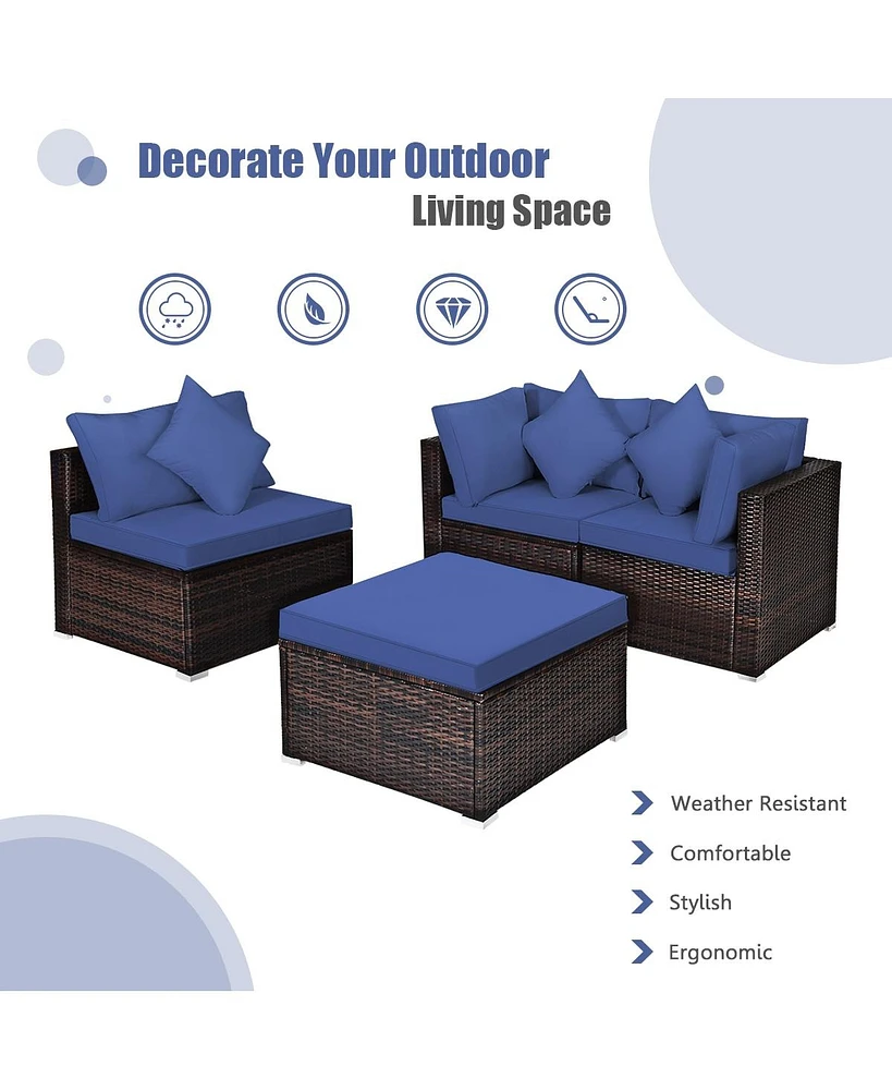 Sugift 4 Pieces Ottoman Garden Patio Rattan Wicker Furniture Set with Cushion-Navy