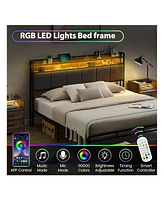 gaomon Bed Frame With 2-Tier Storage Headboard, Upholstered Platform Bed Frame With 2 Storage Drawers, Built In Charging Station & Led