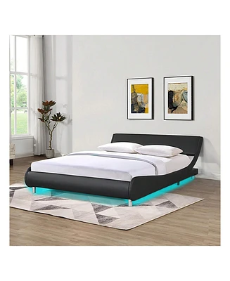 gaomon Queen Upholstered Platform Bed Frame With Led Lights,Curve Design Faux Leather Upholstered Platform Bed,Wood Slat Support, No Box Spring Needed