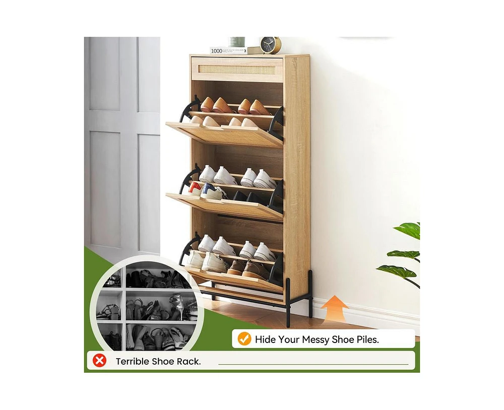 gaomon Natural Rattan 3 Flip Door Shoe Cabinet, Modern Shoe Rack Storage Organizer with Drawer and 3-Tier Adjustable Shelves, Freestanding Shoe Cabine