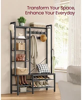 Songmics Home Entryway Hall Tree with Bench & Shoe Storage, Stone Gray & Ink Black