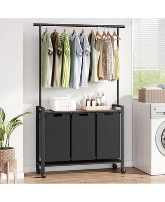 gaomon Laundry Sorter, Laundry Hamper 3-Section With Hanging Rack, Rolling Laundry Hamper With Removable Laundry Basket