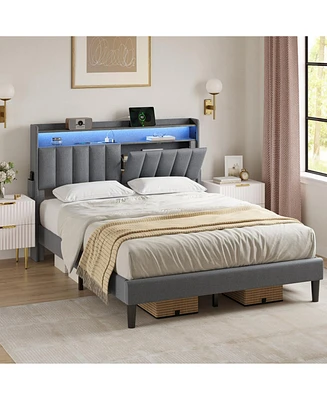 Hausource Queen/Full Size Bed Frame w/Storage Headboard & Charging Station & Led Light No Box Spring Needed, Full