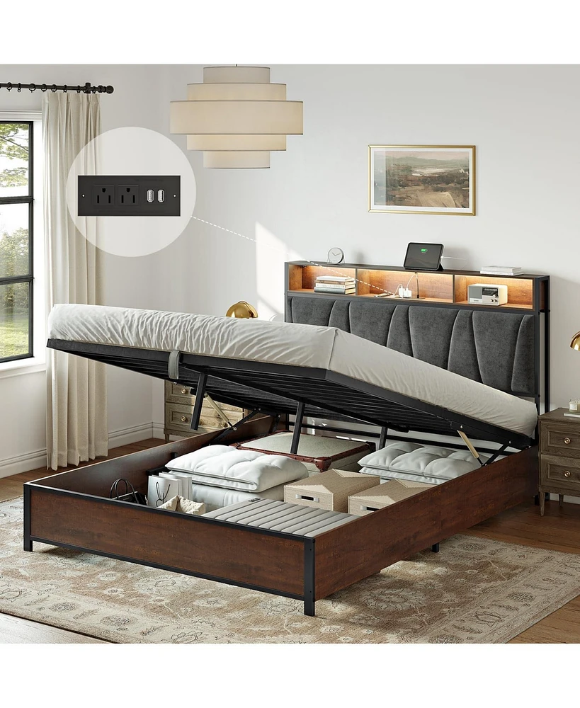 Hausource Upholstered Queen Bed Frame with 2 Storage Drawers, Led Headboard, Usb Ports, Dark Gray