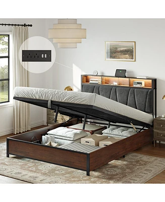Hausource Upholstered Queen Bed Frame with 2 Storage Drawers, Led Headboard, Usb Ports, Dark Gray