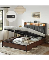 Hausource Upholstered Queen Bed Frame with 2 Storage Drawers, Led Headboard, Usb Ports, Dark Gray