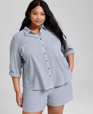 And Now This Trendy Plus Size Striped Roll-Tab Shirt, Exclusively at Macy's