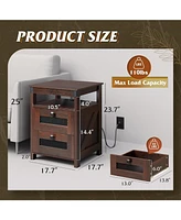 Wlive Farmhouse Nightstand, End Table with Charging Station, Bedroom Wooden Night Stand 2 Storage Drawers, Side Usb Ports and Outlets,