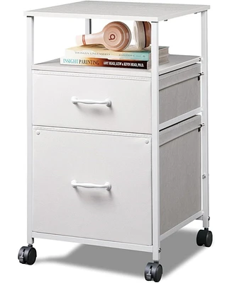 2 Drawer Mobile File Cabinet, Rolling Printer Stand with Open Storage Shelf, Fabric Vertical Filing Cabinet fits A4 or Letter Size for Home Office,Whi
