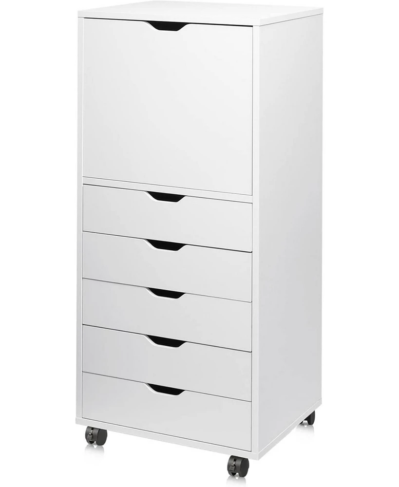 5-Drawer Wood Dresser with Top Cabinet Storage, Mobile Chest of Drawers, Wide Storage Space for Home Office