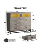 Dresser For Bedroom With Led Lights And Charging Station, 6 Drawer Double Dresser With 2 Shelves, Wide Modern Wooden Chest Of Drawers For Bedroom, Ent