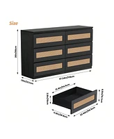 Rattan Dresser For Bedroom, 6 Drawer Dresser For Bedroom, Modern Wide Chest Of Drawers With Anti-Tip Kit