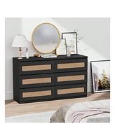 Rattan Dresser For Bedroom, 6 Drawer Dresser For Bedroom, Modern Wide Chest Of Drawers With Anti-Tip Kit