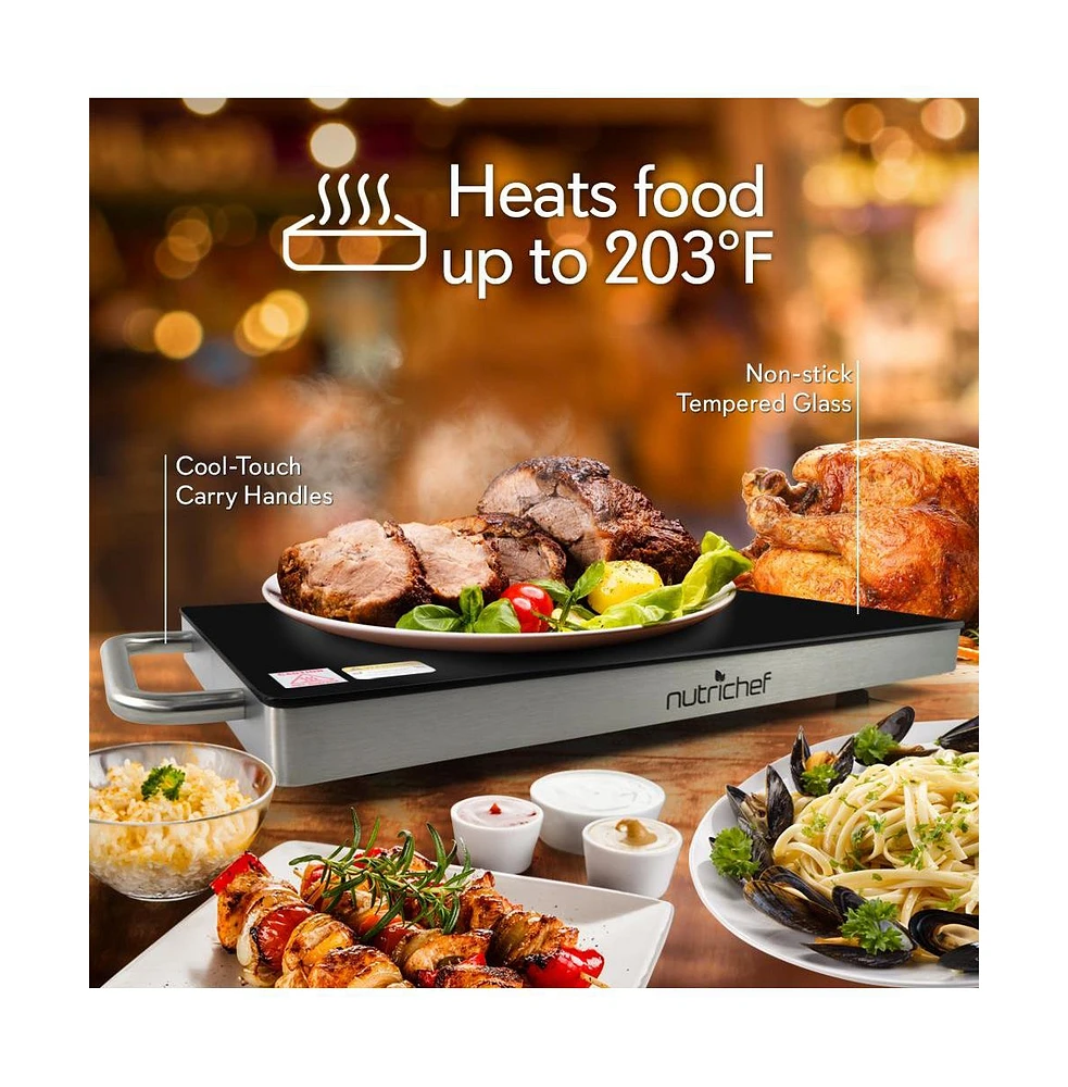 NutriChef Electric Warming Tray with Non-Stick Heat-Resistant Glass Plate, 19.8" x 11.9" Heating Surface - PKWTR45