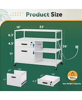 2 Drawer Locking File Cabinet with Charging Station, Rolling Printer Stand with Open Storage Shelf, Lateral Filing Cabinet fit A4/Letter Size for Home