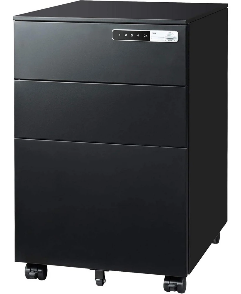 3-Drawer Mobile File Cabinet with Smart Lock, Pre-Assembled Steel Pedestal Under Desk, Black