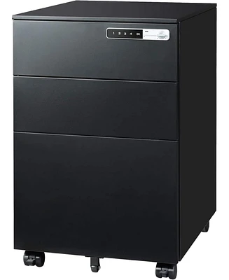 3-Drawer Mobile File Cabinet with Smart Lock, Pre-Assembled Steel Pedestal Under Desk, Black