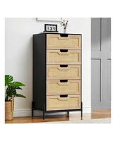 Modern Rattan 5 Drawers Dresser, Double Dresser For Bedroom, Chest Of Drawers Closet Organizers And Storage Clothes For Bedroom Living Room Hallway Of
