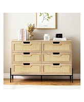 6 Drawers Dresser For Bedroom, Natural Rattan Drawer With Spacious Storage, Wood Chest Of Drawers With Metal Legs For Bedroom, Living Room, Hallway, E