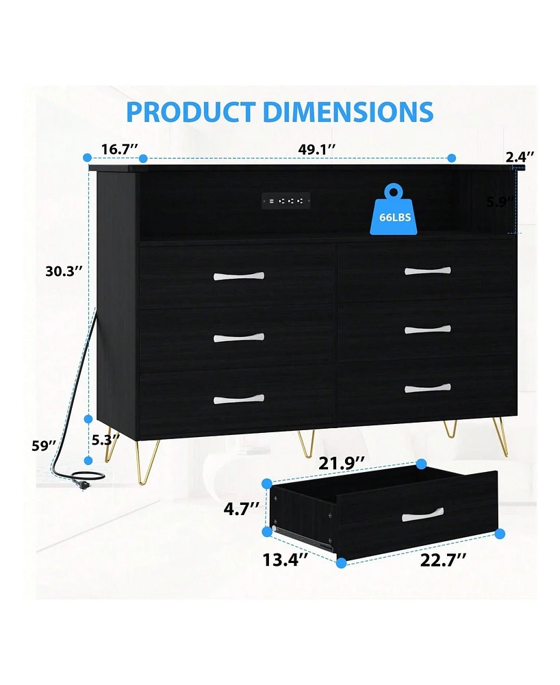 Dresser For Bedroom With Led Light & Charging Station, 6 Wooden Drawers Dressers With 2-Tier Open Shelves, Modern Chest Of Double Wide Drawers For Liv
