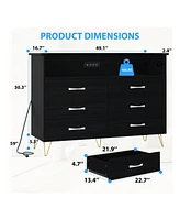 Dresser For Bedroom With Led Light & Charging Station, 6 Wooden Drawers Dressers With 2-Tier Open Shelves, Modern Chest Of Double Wide Drawers For Liv
