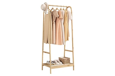 gaomon Bamboo Clothes Rack, Freestanding Clothing Rack with Storage Shelf and Hanging Rod, Easy Assemble, Portable Clothes Rack, Wooden Space-Saving G