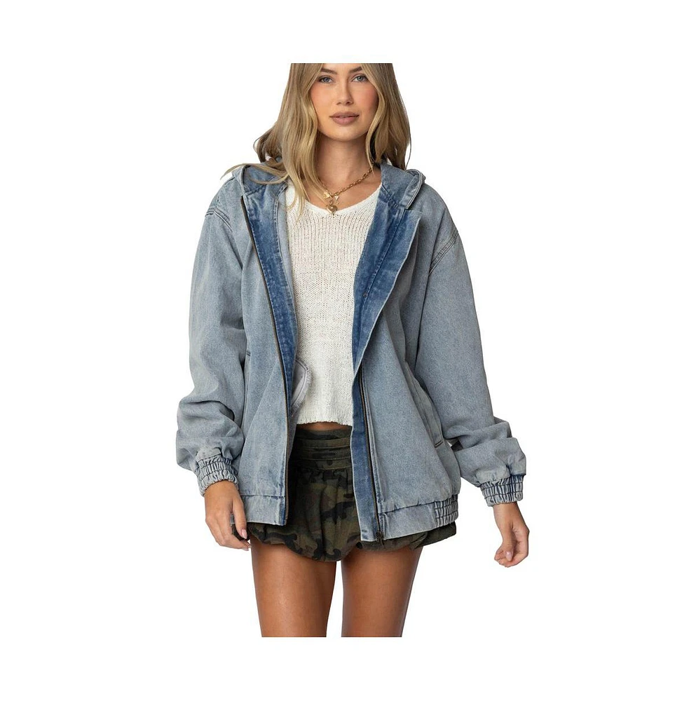 Edikted Womens Hooded Vintage Washed Denim Bomber Jacket