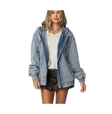 Edikted Womens Hooded Vintage Washed Denim Bomber Jacket