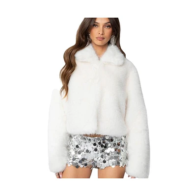 Edikted Womens Nathalie Cropped Faux Fur Jacket