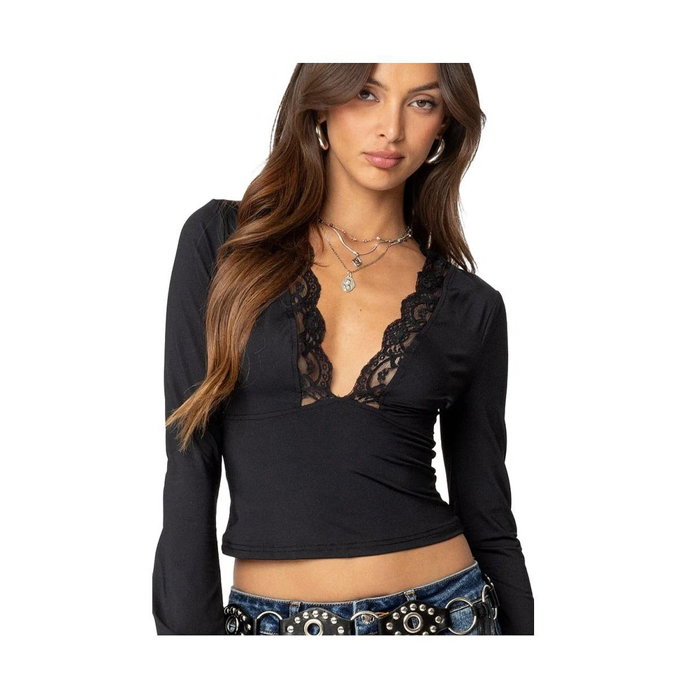 Edikted Womens Tina Lacey Plunge Neck Top