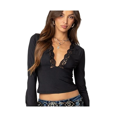Edikted Womens Tina Lacey Plunge Neck Top