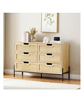 6 Drawers Dresser For Bedroom, Natural Rattan Drawer With Spacious Storage, Wood Chest Of Drawers With Metal Legs For Bedroom, Living Room, Hallway