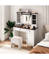 Farmhouse Makeup Vanity with Mirror and Lights,41.73" Wide Vanity Desk, Vanity Table with 4 Drawers and 1 Cabinet,3 Color Modes, Dressing Table f