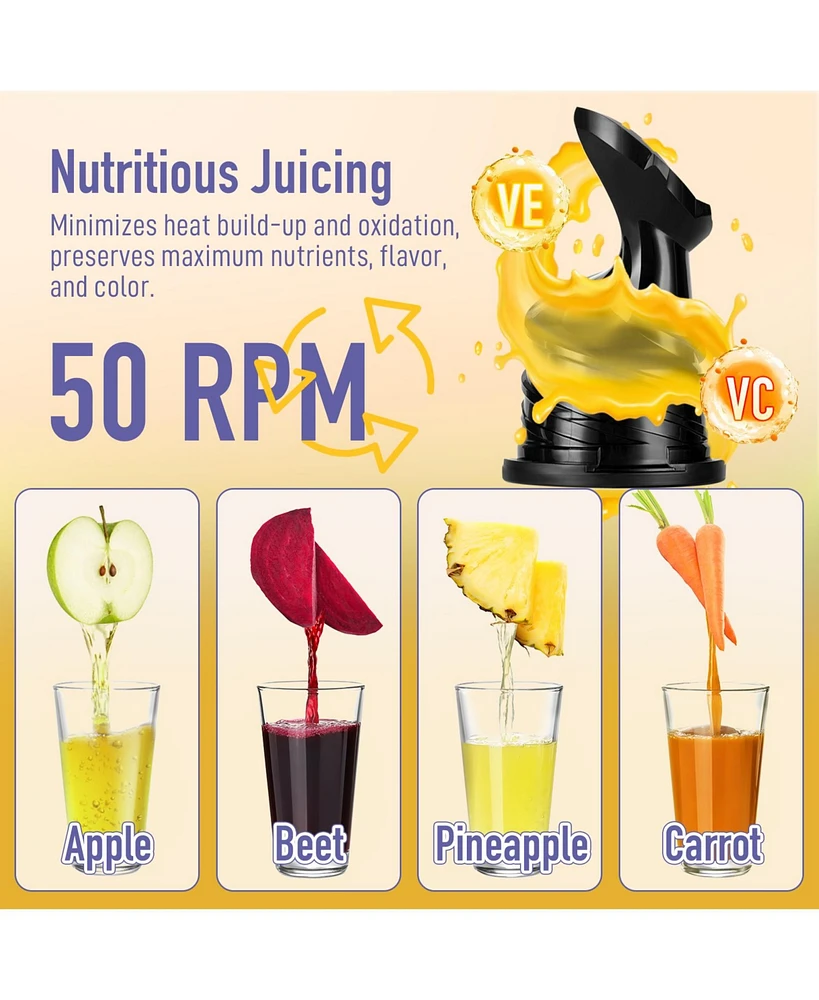 Cold Press Juicer, Masticating Juicer with 5.1 Inch Large Feed Chute, 250W Power High Juice Yield for Batch Juicing - Purple